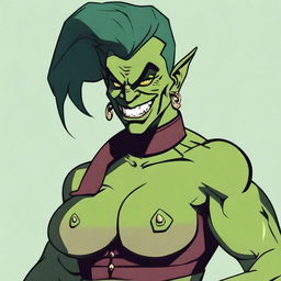 A very muscular orc woman with green skin and two large pointy teeth