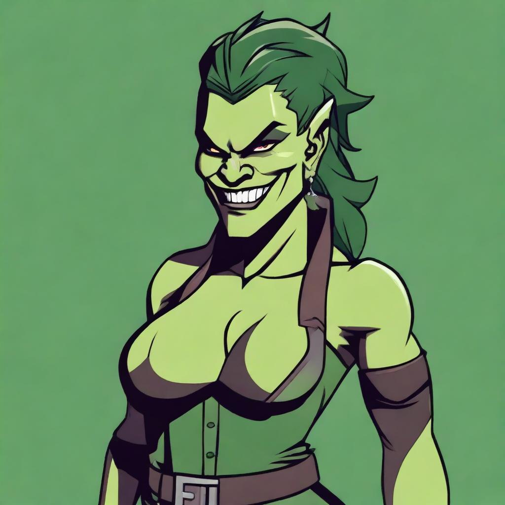 A very muscular orc woman with green skin and two large pointy teeth