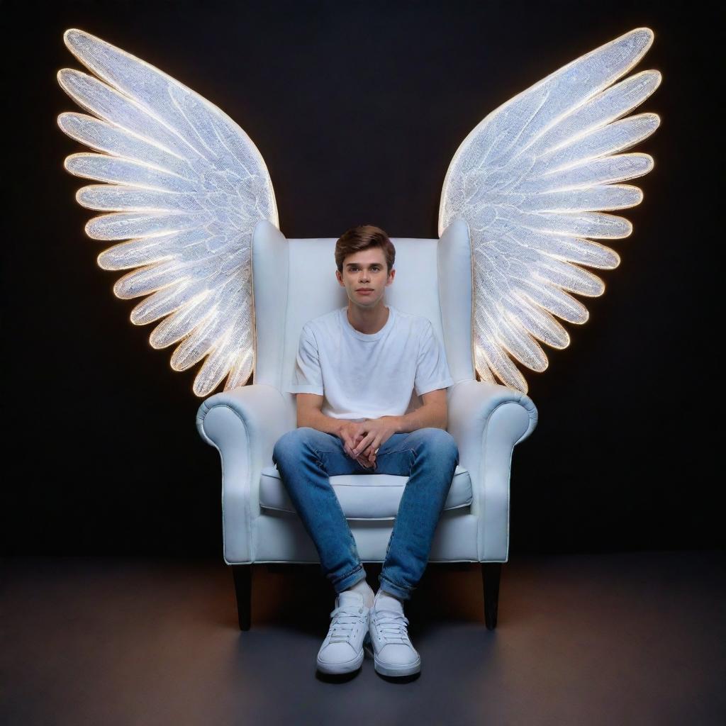 A 3D illusion of a 25-year-old cute boy in a white shirt and sneakers, sitting casually on a wingback chair, gazing ahead. Behind him, 'faizi world' is illuminated in bold capital letters with neon lights on a dark wall, angel wings surround him suggesting an angelic theme.