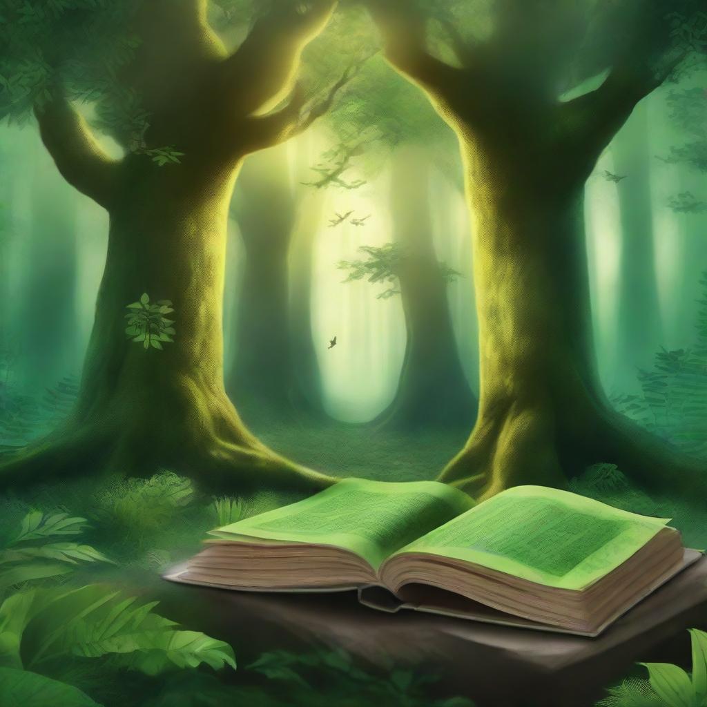 Create a book cover featuring a mystical forest with a hidden ancient temple in the background