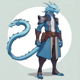 Design a male character with water dragon features, including semi-long blue hair, protruding horns, white eyes, some piercings in the ears, wearing adventurer's clothing and partial armor on the left shoulder made of black leather