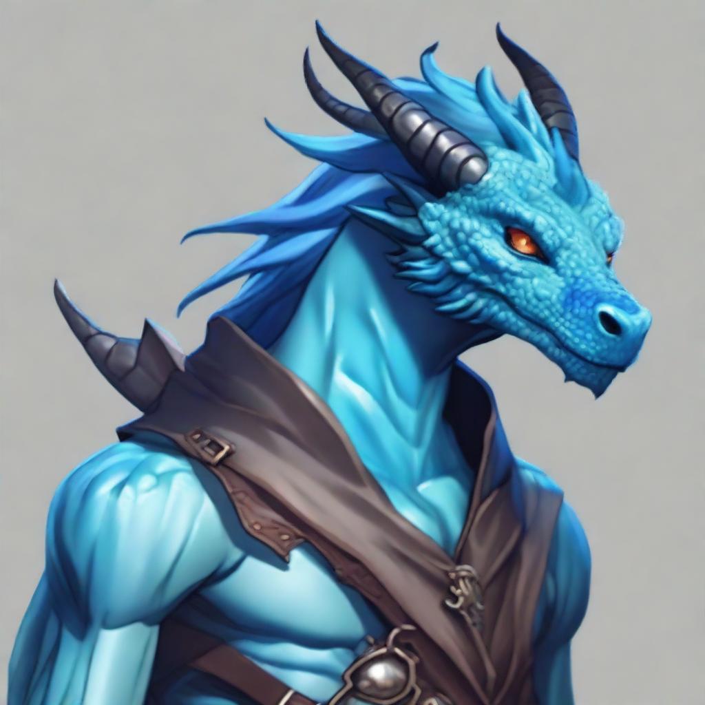 Design a male character with water dragon features, including semi-long blue hair, protruding horns, white eyes, some piercings in the ears, wearing adventurer's clothing and partial armor on the left shoulder made of black leather