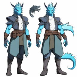 Design a male character with water dragon features, including semi-long blue hair, protruding horns, white eyes, some piercings in the ears, wearing adventurer's clothing and partial armor on the left shoulder made of black leather