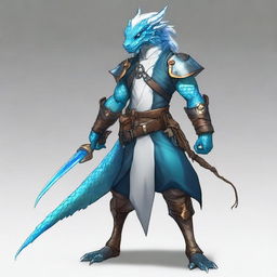 Design a male character with water dragon features, including semi-long blue hair, protruding horns, white eyes, some piercings in the ears, wearing adventurer's clothing and partial armor on the left shoulder made of black leather