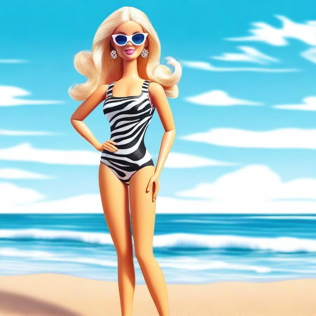 A depiction of Barbie wearing a stylish zebra patterned bathing suit, standing confidently on a sunny beach with the ocean in the background