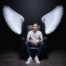 A 3D illusion of a 25-year-old cute boy in a white shirt and sneakers, sitting casually on a wingback chair, gazing ahead. Behind him, 'faizi world' is illuminated in bold capital letters with neon lights on a dark wall, angel wings surround him suggesting an angelic theme.