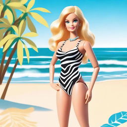 A depiction of Barbie wearing a stylish zebra patterned bathing suit, standing confidently on a sunny beach with the ocean in the background