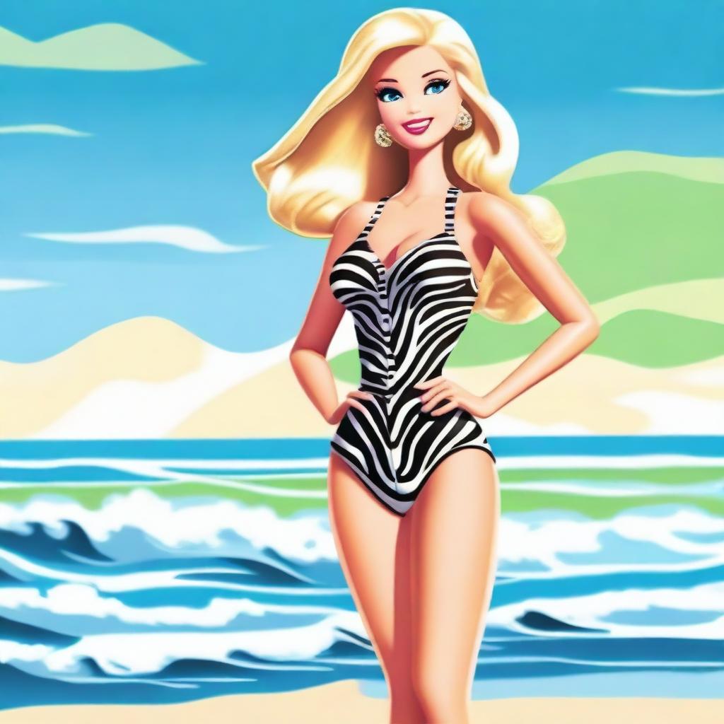 A depiction of Barbie wearing a stylish zebra patterned bathing suit, standing confidently on a sunny beach with the ocean in the background