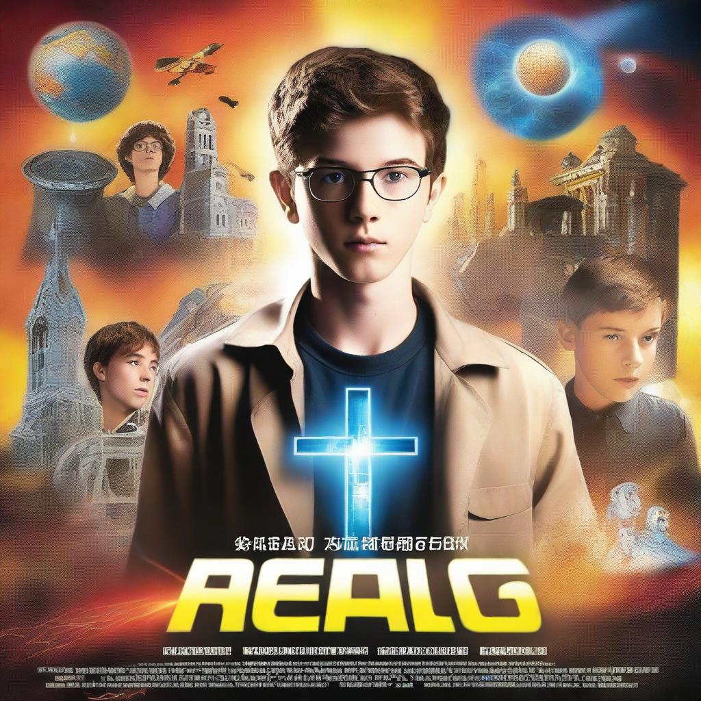 Create an action movie poster featuring a sixteen-year-old boy who is a scientist, loves the church, and is skilled in programming