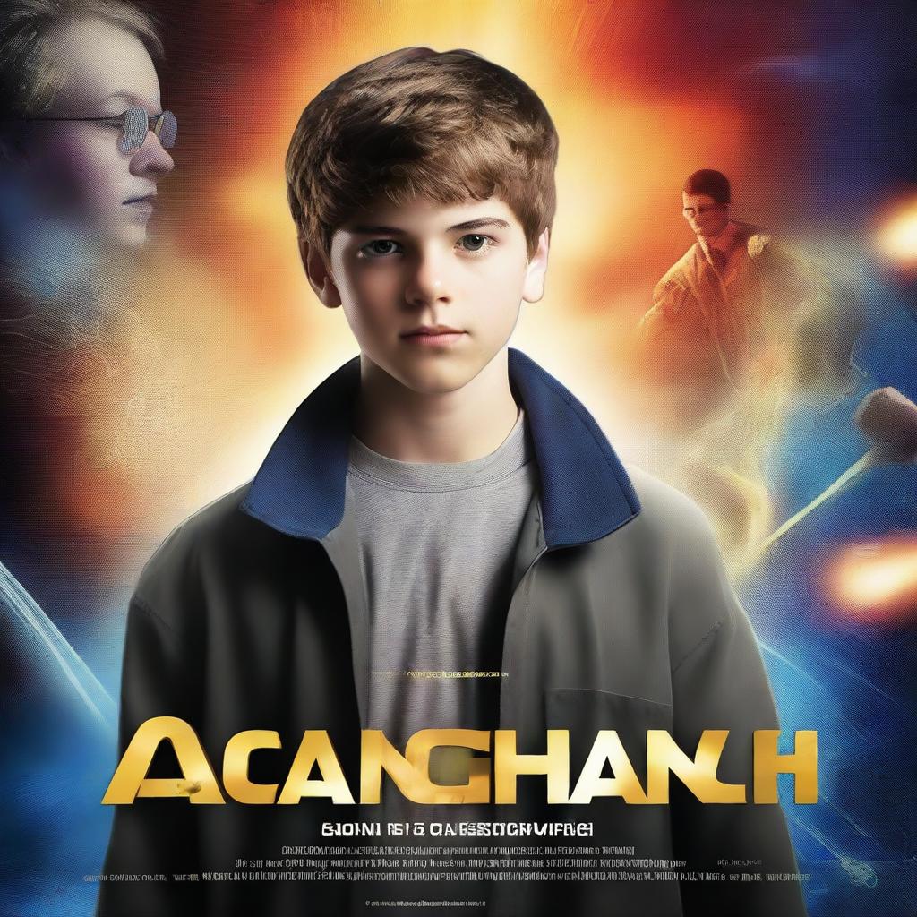 Create an action movie poster featuring a sixteen-year-old boy who is a scientist, loves the church, and is skilled in programming