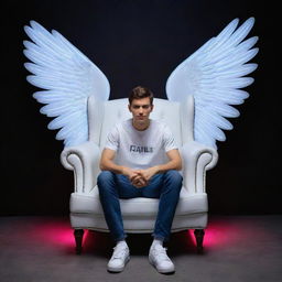 A 3D illusion of a 25-year-old cute boy in a white shirt and sneakers, sitting casually on a wingback chair, gazing ahead. Behind him, 'faizi world' is illuminated in bold capital letters with neon lights on a dark wall, angel wings surround him suggesting an angelic theme.