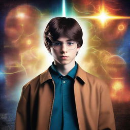 Create an action sci-fi movie poster for a film about a sixteen-year-old boy with brown hair who is a brilliant scientist, deeply loves the church, and is an expert programmer