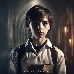 Create an action horror movie poster featuring a sixteen-year-old boy with brown hair who is a scientist, loves the church, and is skilled at programming