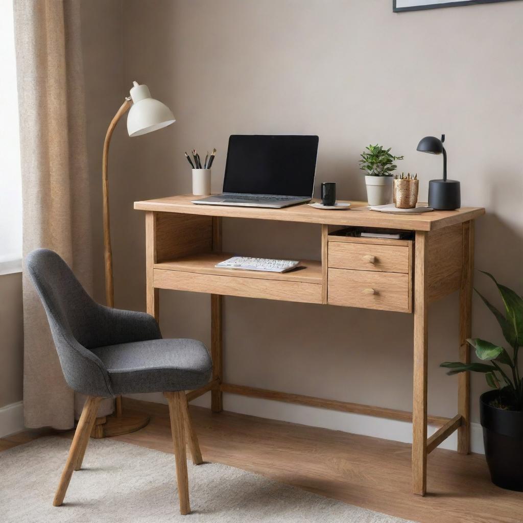 A well-organized oak desk with a comfortable chair, a lamp, laptop, pen holder and a coffee mug