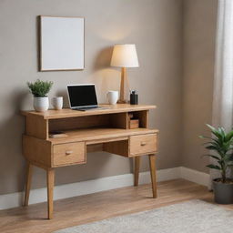 A well-organized oak desk with a comfortable chair, a lamp, laptop, pen holder and a coffee mug