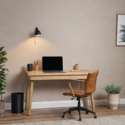 A well-organized oak desk with a comfortable chair, a lamp, laptop, pen holder and a coffee mug