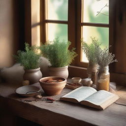 A serene and nostalgic scene depicting a small, rustic kitchen filled with various spices and herbs