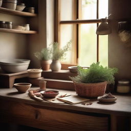 A serene and nostalgic scene depicting a small, rustic kitchen filled with various spices and herbs