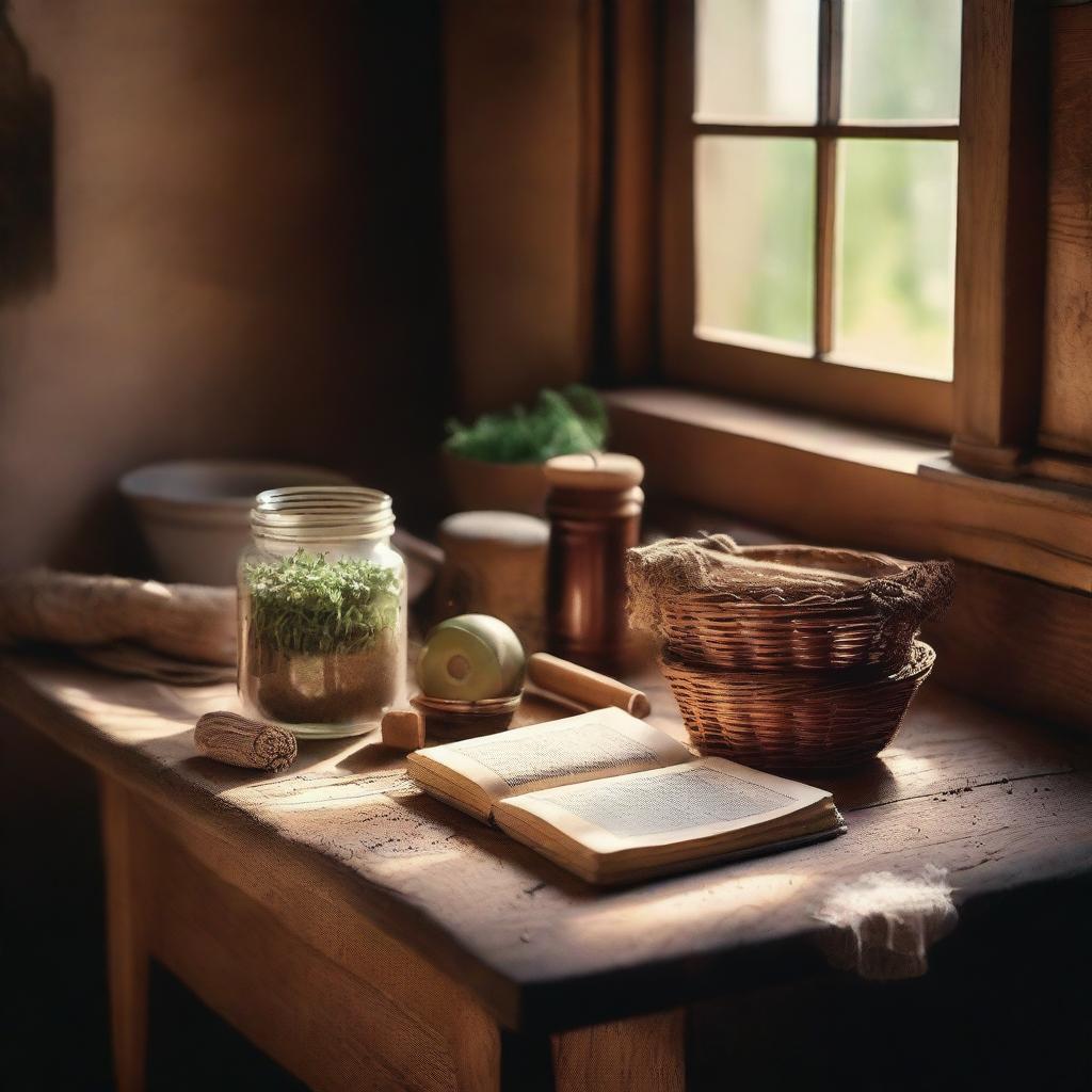 A serene and nostalgic scene depicting a small, rustic kitchen filled with various spices and herbs