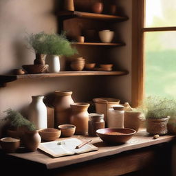 A serene and nostalgic scene depicting a small, rustic kitchen filled with various spices and herbs