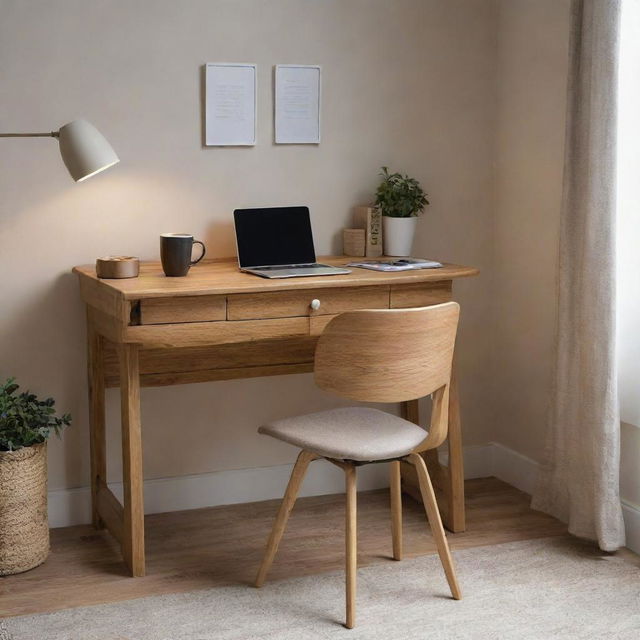 A well-organized oak desk with a comfortable chair, a lamp, laptop, pen holder and a coffee mug