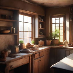 A serene and nostalgic scene depicting a quaint old kitchen filled with various spices, herbs, and ingredients