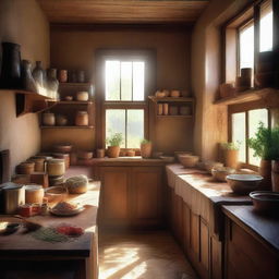 A serene and nostalgic scene depicting a quaint old kitchen filled with various spices, herbs, and ingredients