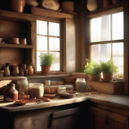 A serene and nostalgic scene depicting a quaint old kitchen filled with various spices, herbs, and ingredients