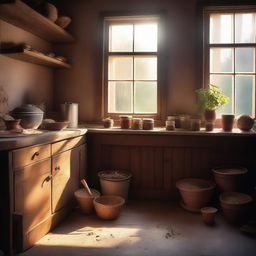 A serene and nostalgic scene depicting a quaint old kitchen filled with various spices, herbs, and ingredients