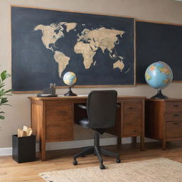 An office scene with a sleek wooden desk, a comfortable chair, a vintage globe, a stylish wastebasket, and a chalkboard on a nearby wall