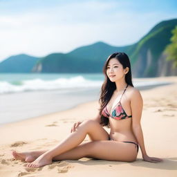 A beautiful Asian woman wearing a bikini is sitting on the beach