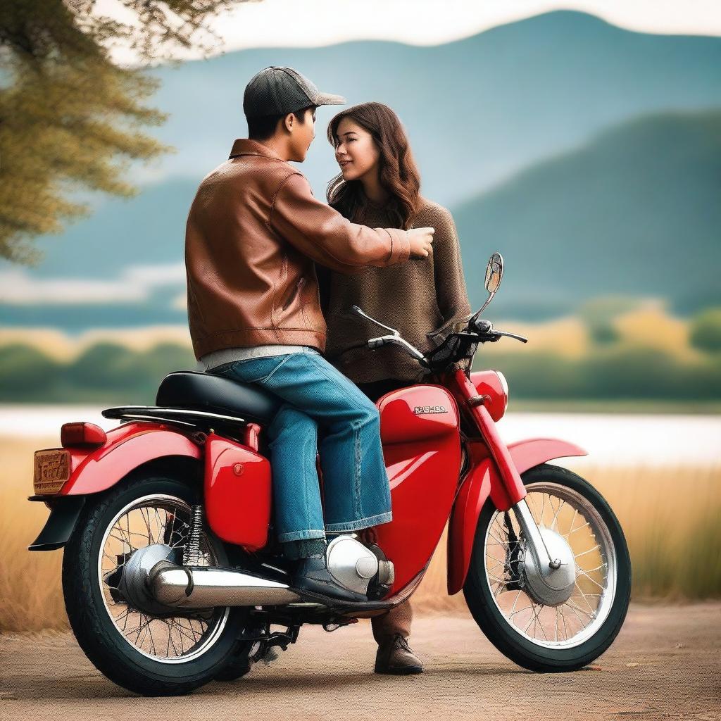 A couple is standing next to a HONDA CUB series motorcycle