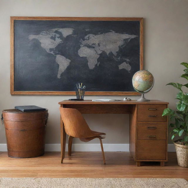 An office scene with a sleek wooden desk, a comfortable chair, a vintage globe, a stylish wastebasket, and a chalkboard on a nearby wall