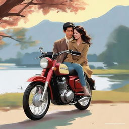 A couple is standing next to a HONDA CUB series motorcycle