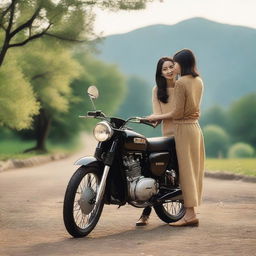 A couple is standing next to a HONDA CUB series motorcycle