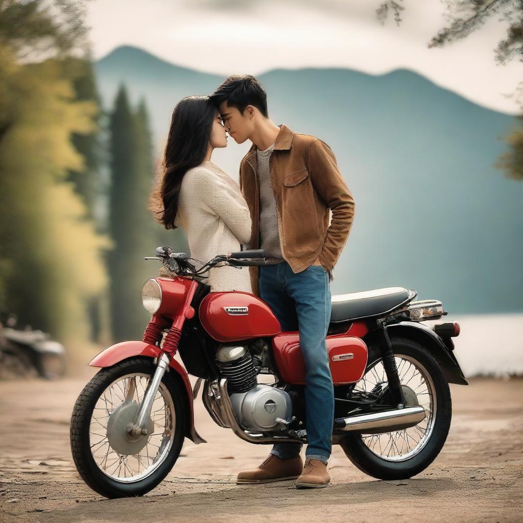 A couple is standing next to a HONDA CUB series motorcycle