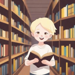 An albino indigenous boy with blonde hair and yellow eyes, white skin, asking for books inside a library