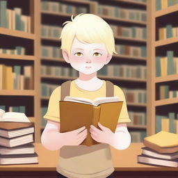 An albino indigenous boy with blonde hair and yellow eyes, white skin, asking for books inside a library