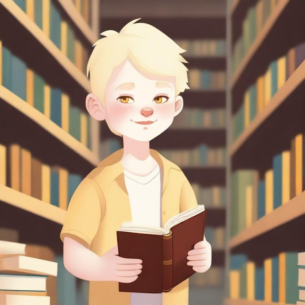 An albino indigenous boy with blonde hair and yellow eyes, white skin, asking for books inside a library