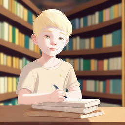 An albino indigenous boy with blonde hair and yellow eyes, white skin, asking for books inside a library