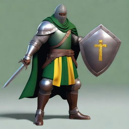 A dark-skinned, medieval human knight, wearing a padded tunic over which is a chainmail hauberk and an emerald green and yellow colored cloth surcoat