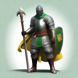 A dark-skinned, medieval human knight, wearing a padded tunic over which is a chainmail hauberk and an emerald green and yellow colored cloth surcoat