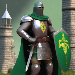 A dark-skinned, medieval human knight, wearing a padded tunic over which is a chainmail hauberk and an emerald green and yellow colored cloth surcoat