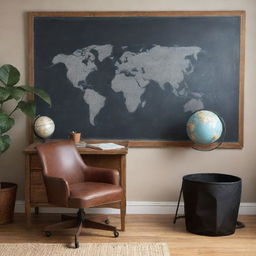 An office scene with a sleek wooden desk, a comfortable chair, a vintage globe, a stylish wastebasket, and a chalkboard on a nearby wall