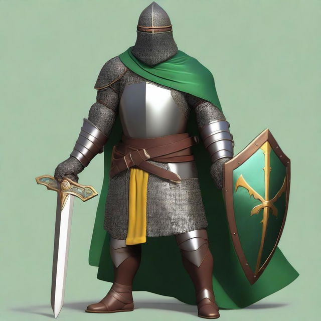 A dark-skinned, medieval human knight, wearing a padded tunic over which is a chainmail hauberk and an emerald green and yellow colored cloth surcoat