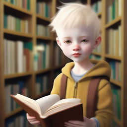 An albino indigenous boy with blonde hair and yellow eyes, white skin, reading books inside a library