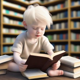 An albino indigenous boy with blonde hair and yellow eyes, white skin, reading books inside a library