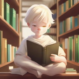 An albino indigenous boy with blonde hair and yellow eyes, white skin, reading books inside a library