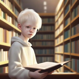 An albino indigenous boy with blonde hair and yellow eyes, white skin, reading books inside a library