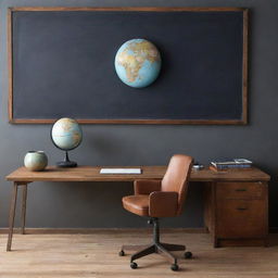 An office scene with a sleek wooden desk, a comfortable chair, a vintage globe, a stylish wastebasket, and a chalkboard on a nearby wall